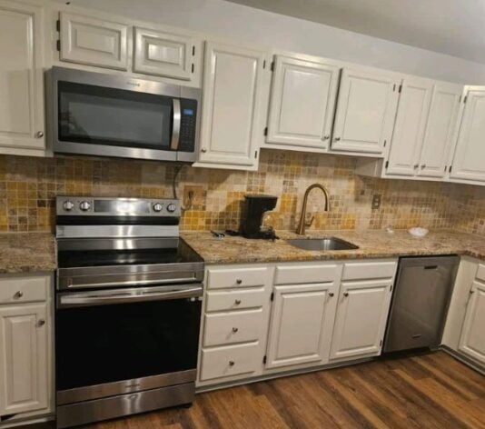 homeowner kitchen with white cabinets