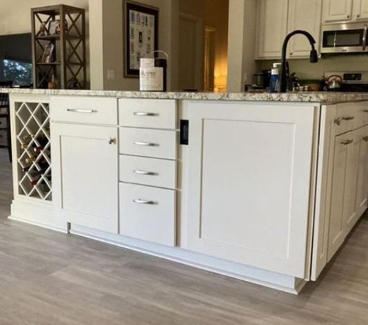 close-up of kitchen island and wine rack refinished