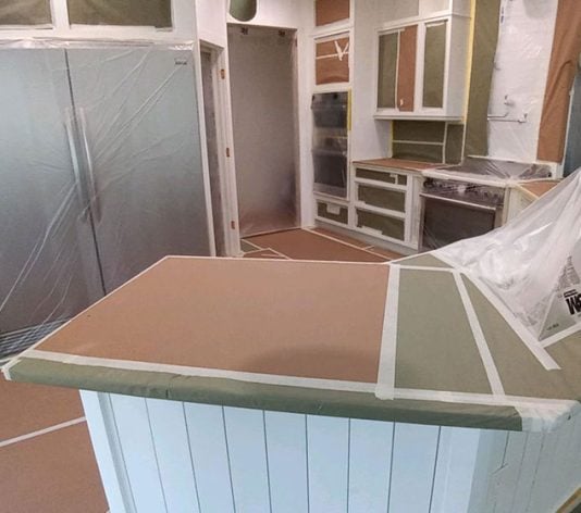 kitchen shiplap and cabinet painting refinishing prep before