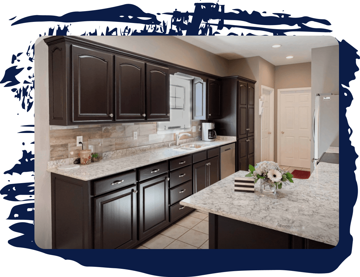 inside of kitchen with refinishing cabinets