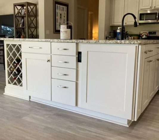 close-up of kitchen island and wine rack refinished