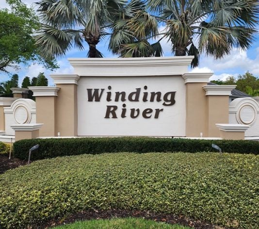front view of Winding River Community signage freshly painted