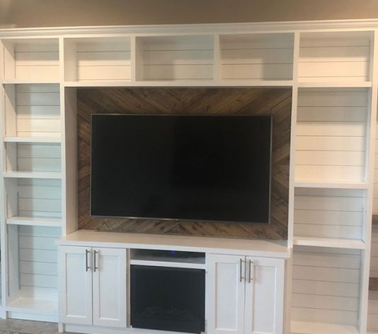 built in tv stand cabinet after refinishing and painting